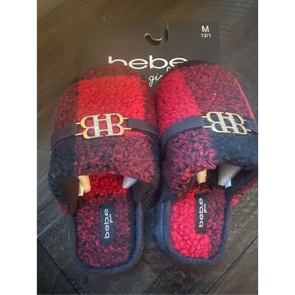 Bebe Girls Bebe Sherpa Slippers medium 13/1 Red/Black plaid - Picture 5 of 5